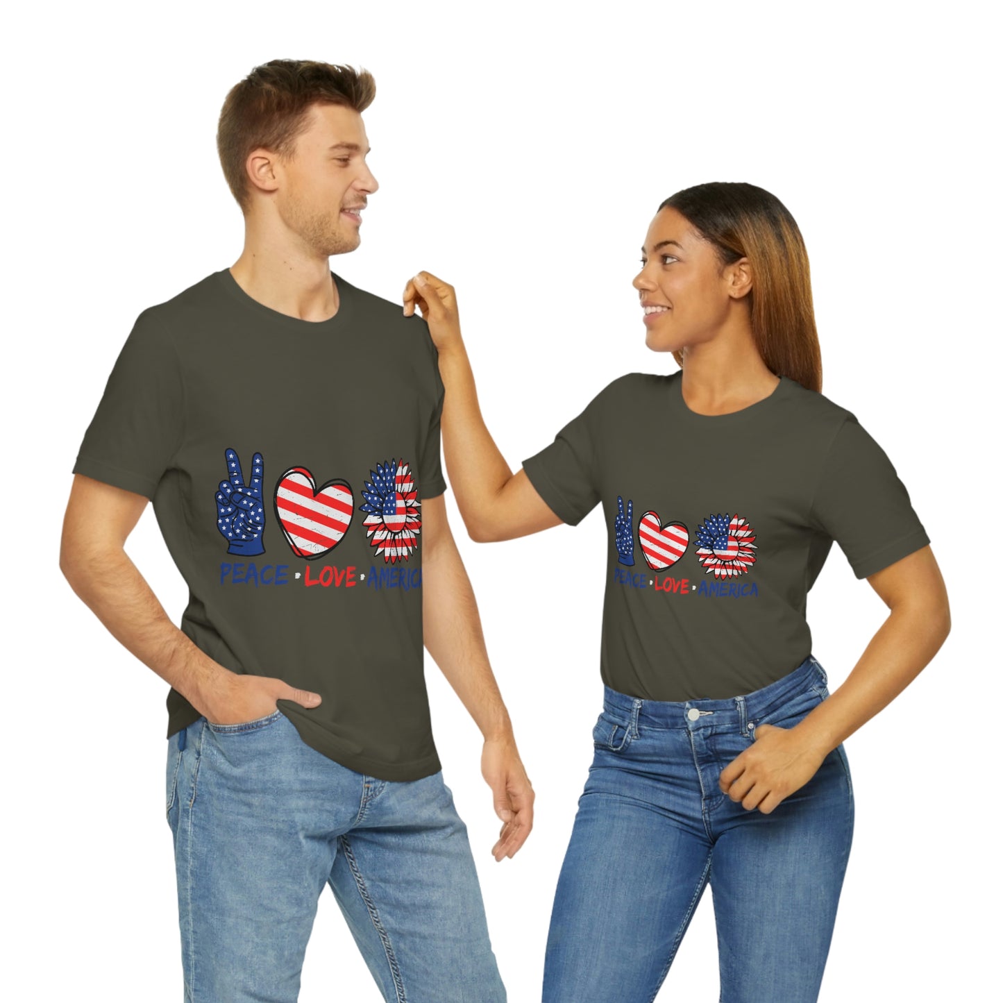 Peace Fingers , Love Heart , America Flag Design Unisex Jersey Short Sleeve Tee