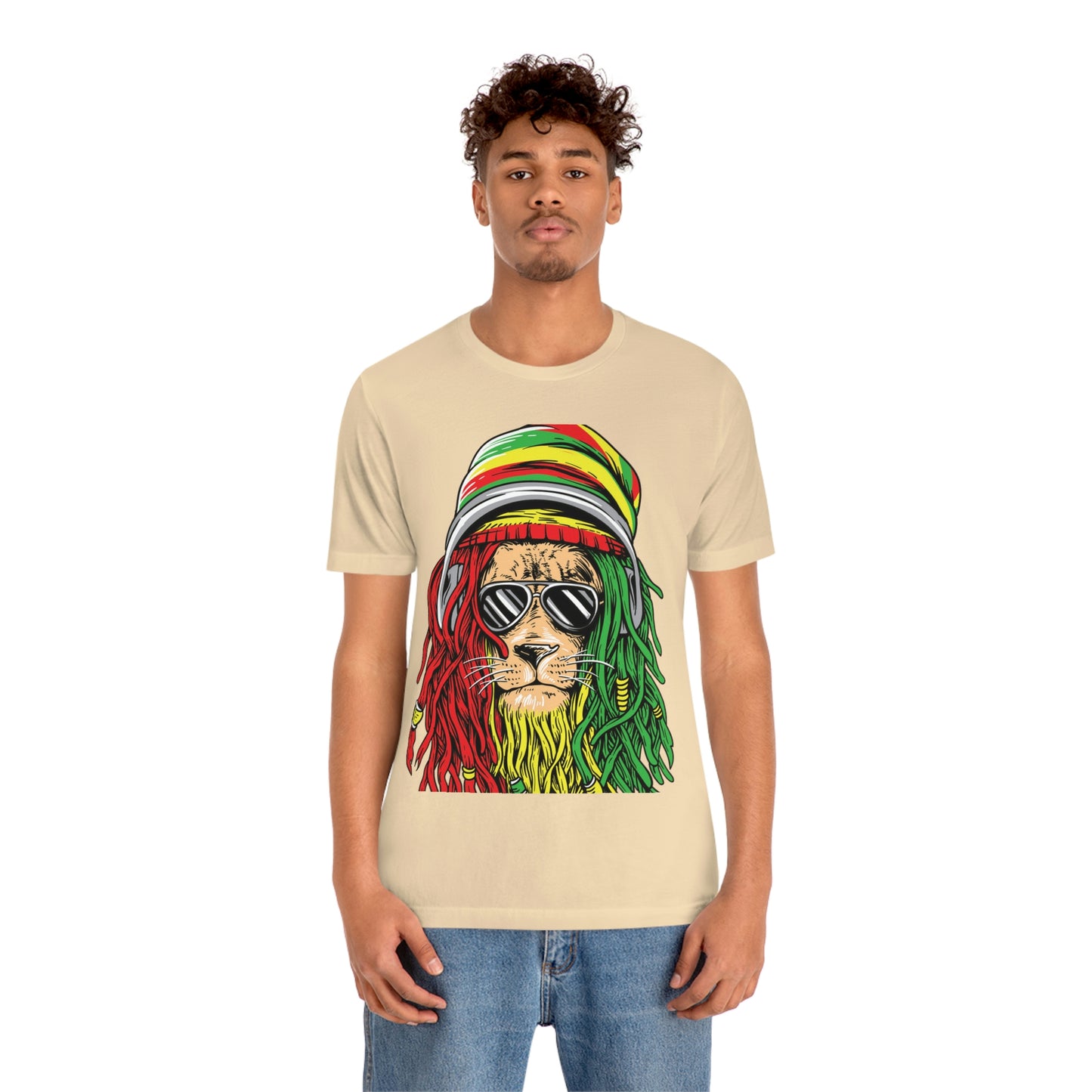 Reggae Lion With Dread locks with Hat, Unisex Jersey Short Sleeve Tee