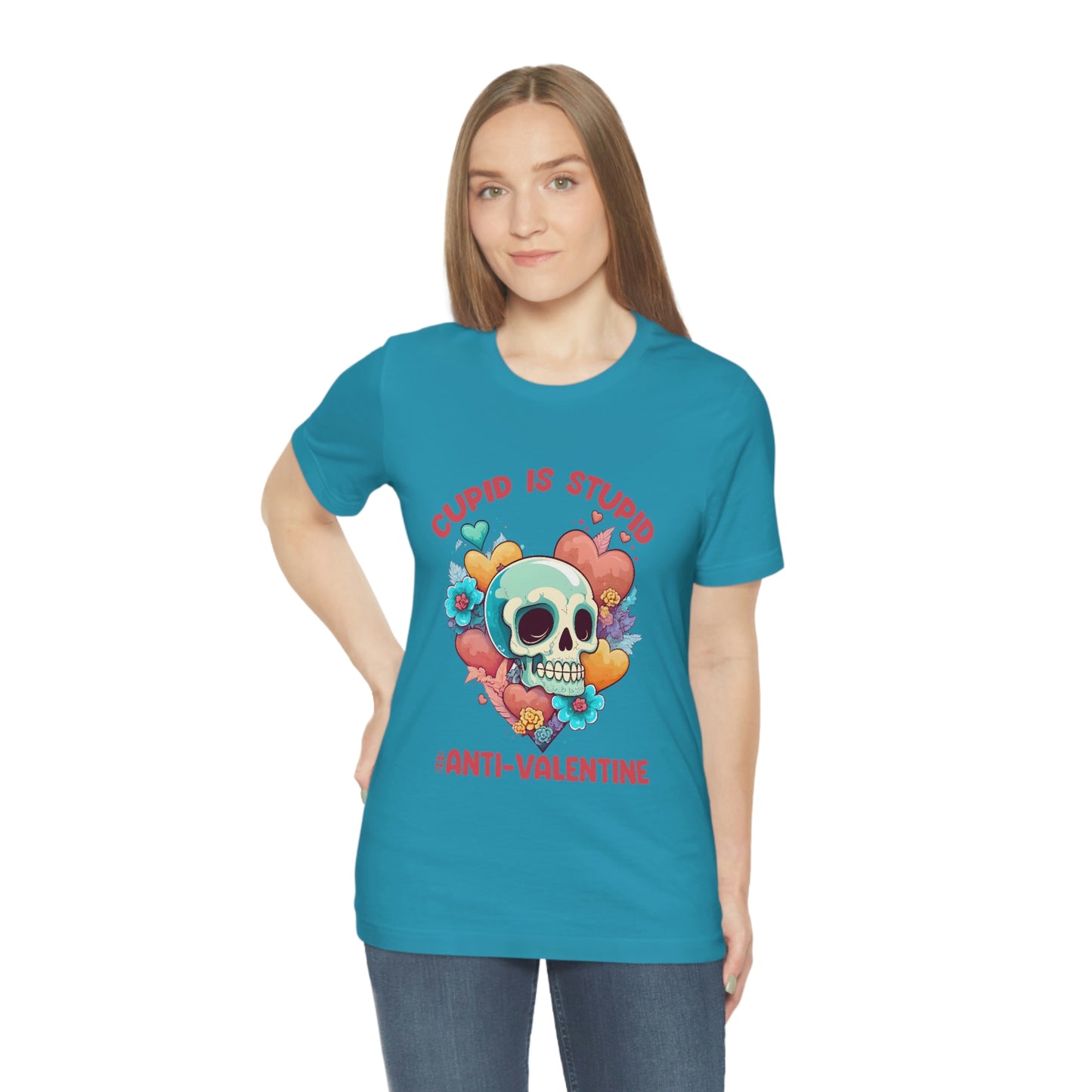 Stupid Cupid #Anti-Valentine Skull With Hearts & Flowers Unisex Jersey Short Sleeve Tee