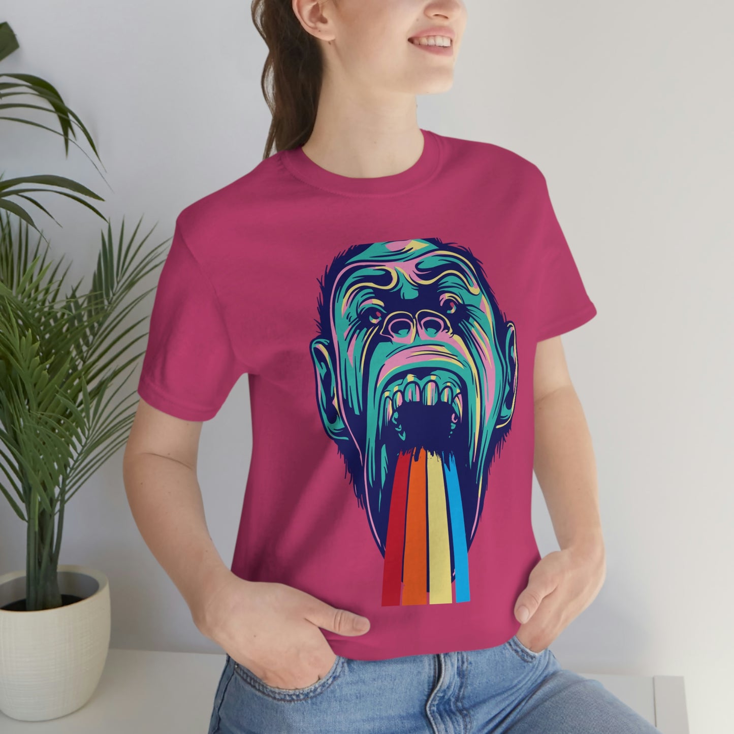 Color Ape Pouring flowing Rainbow Out His Mouth, Unisex Jersey Short Sleeve Tee