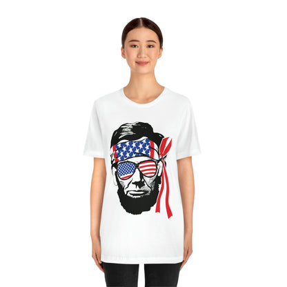 Independence Day Groovy Flag Glasses Well Known Face with Flag Bandana Unisex Jersey Short Sleeve Tee