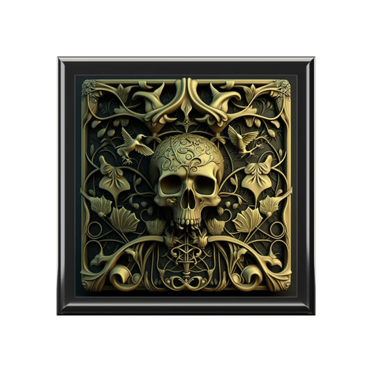 Beautifully Designed Silver Metal Style Grey And Rustic Black Background, Gothic Skull And Shoulders Jewelry Box Jewelry Box