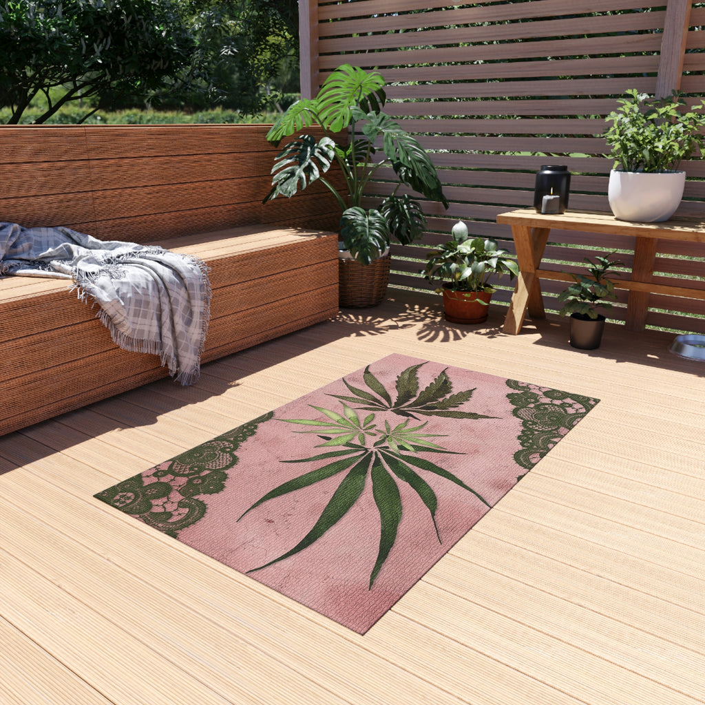 Grey Lace Gorgeous Pink Designed Marijuana 420 Weed Leaf Outdoor Rug