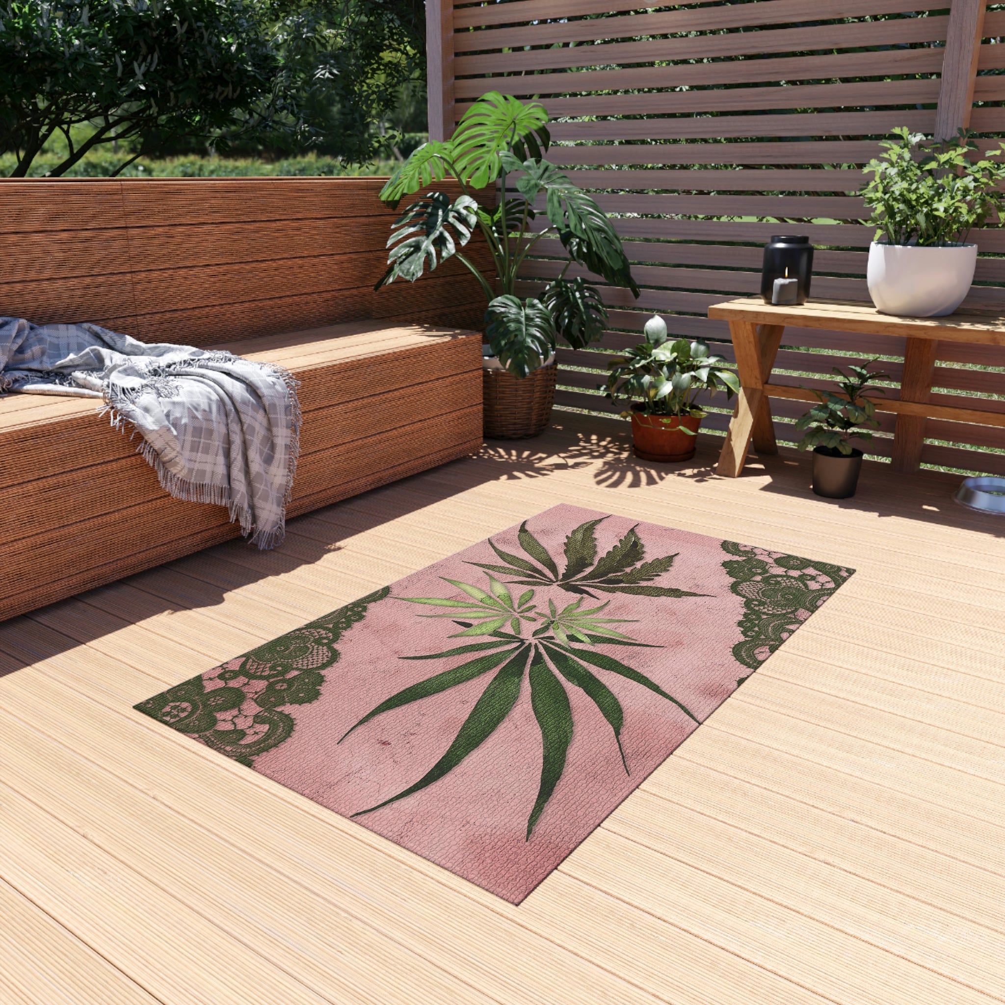Grey Lace Gorgeous Pink Designed Marijuana 420 Weed Leaf Outdoor Rug