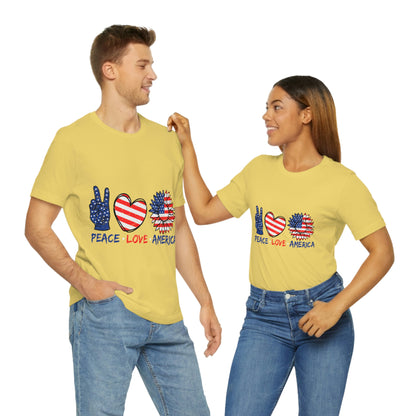 Peace Fingers , Love Heart , America Flag Design Unisex Jersey Short Sleeve Tee