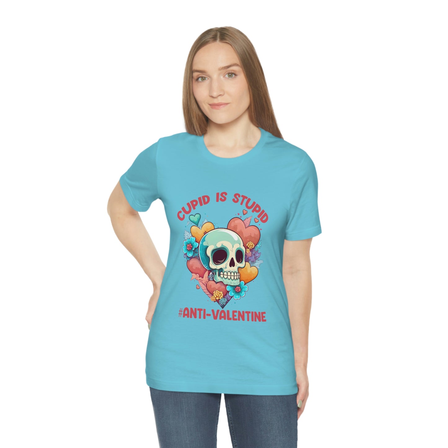 Stupid Cupid #Anti-Valentine Skull With Hearts & Flowers Unisex Jersey Short Sleeve Tee