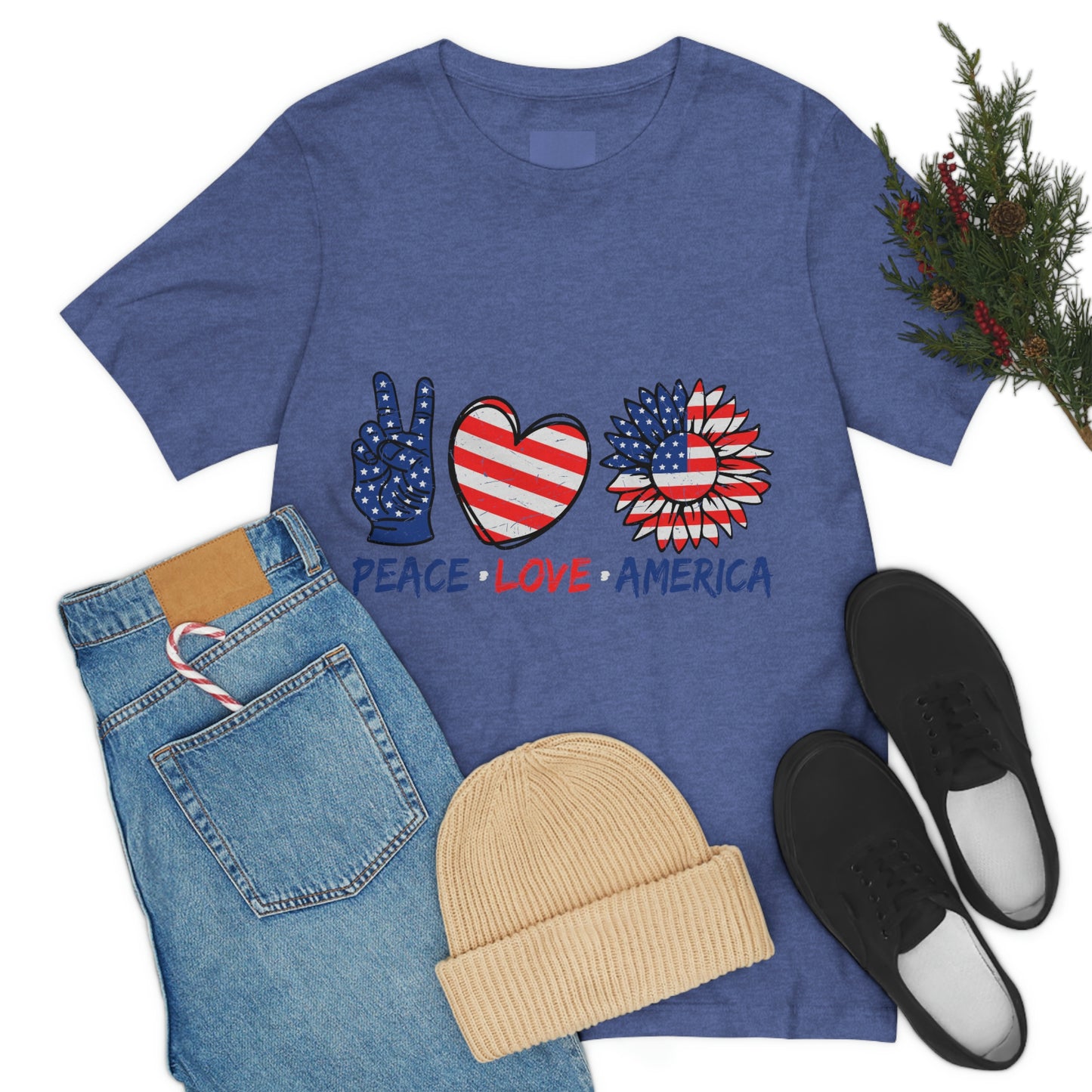 Peace Fingers , Love Heart , America Flag Design Unisex Jersey Short Sleeve Tee