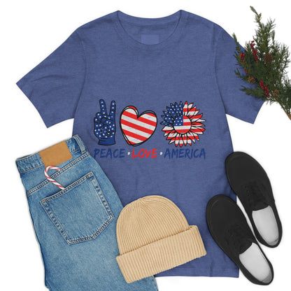 Peace Fingers , Love Heart , America Flag Design Unisex Jersey Short Sleeve Tee