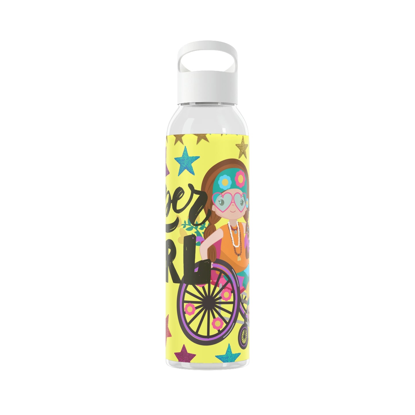 Super Girl Hippie Chic , Wheelchair Yellow Background Sky Water Bottle