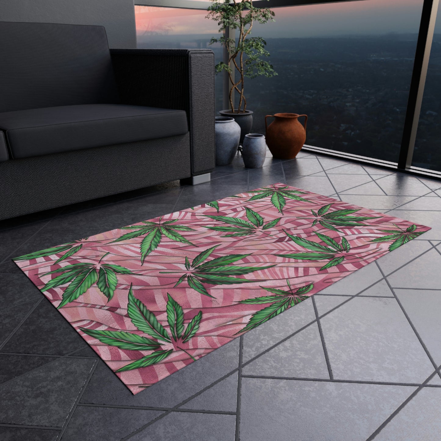 Sassy Pink And Green 420 Weed Marijuana Leaf Outdoor Rug