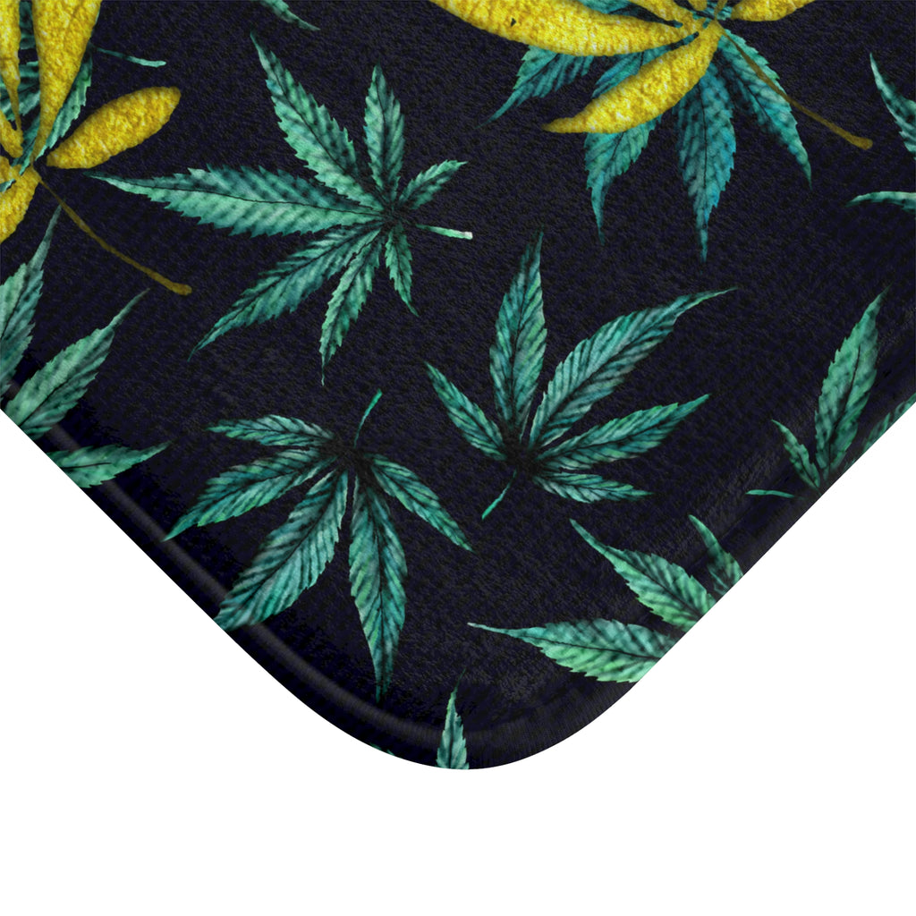 Large Gold Leaf Marijuana Pot Weed 420 With Green Leaf Background Bathmat