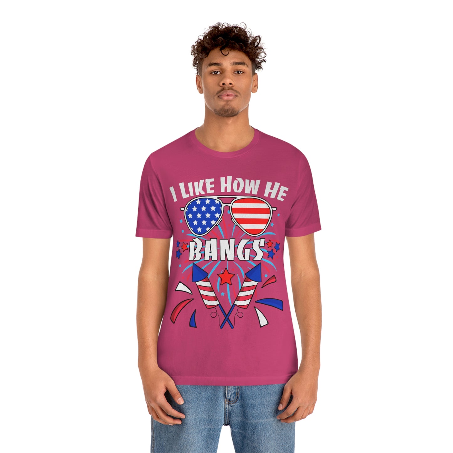 I Like How He Bangs American Flag, Fourth Of July 4th , American Flag Glasses Unisex Jersey Short Sleeve Tee