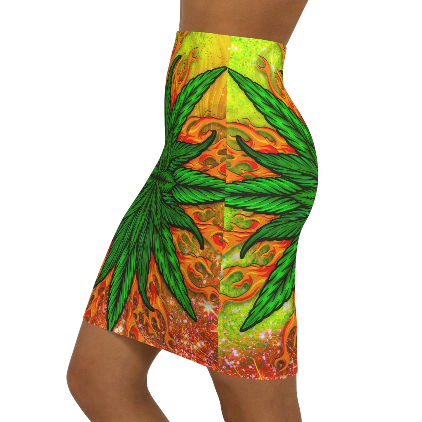 Pot Leaf Collage With Yellow Orange Background With Marijuana Pot Weed 420 Women's Mini Skirt (AOP)