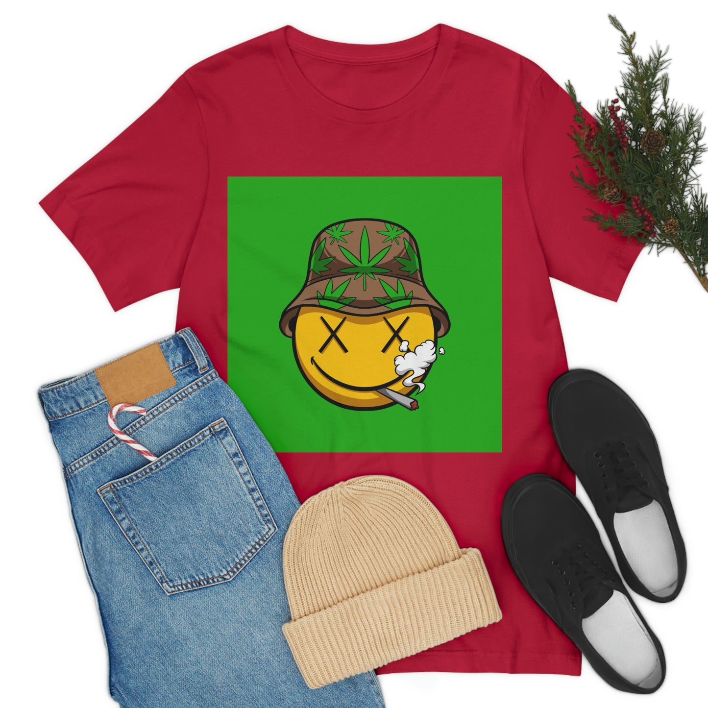 Blazed Happy Face With Hat & Pot Leafs, Unisex Jersey Short Sleeve Tee