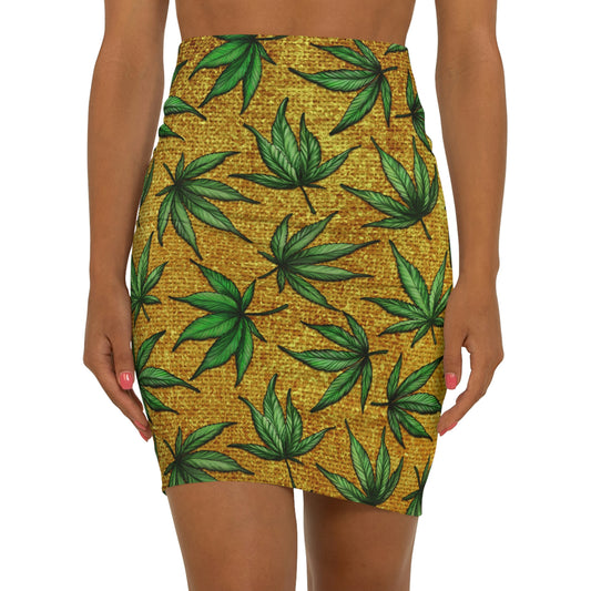 Gold And Green Marijuana Pot Weed Leaf With Gold Background 420 Women's Mini Skirt (AOP)