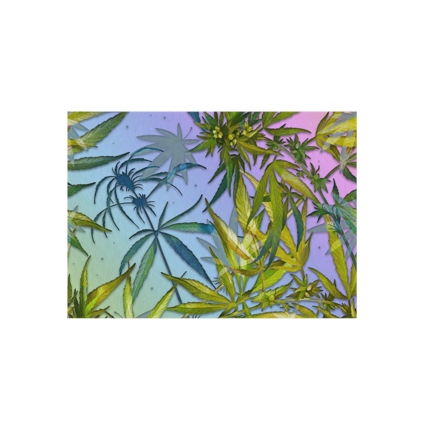 Pinkish Purple And Blue Beautiful Background With Marijuana Pot Weed 420 With Green Leaves Background Outdoor Rug