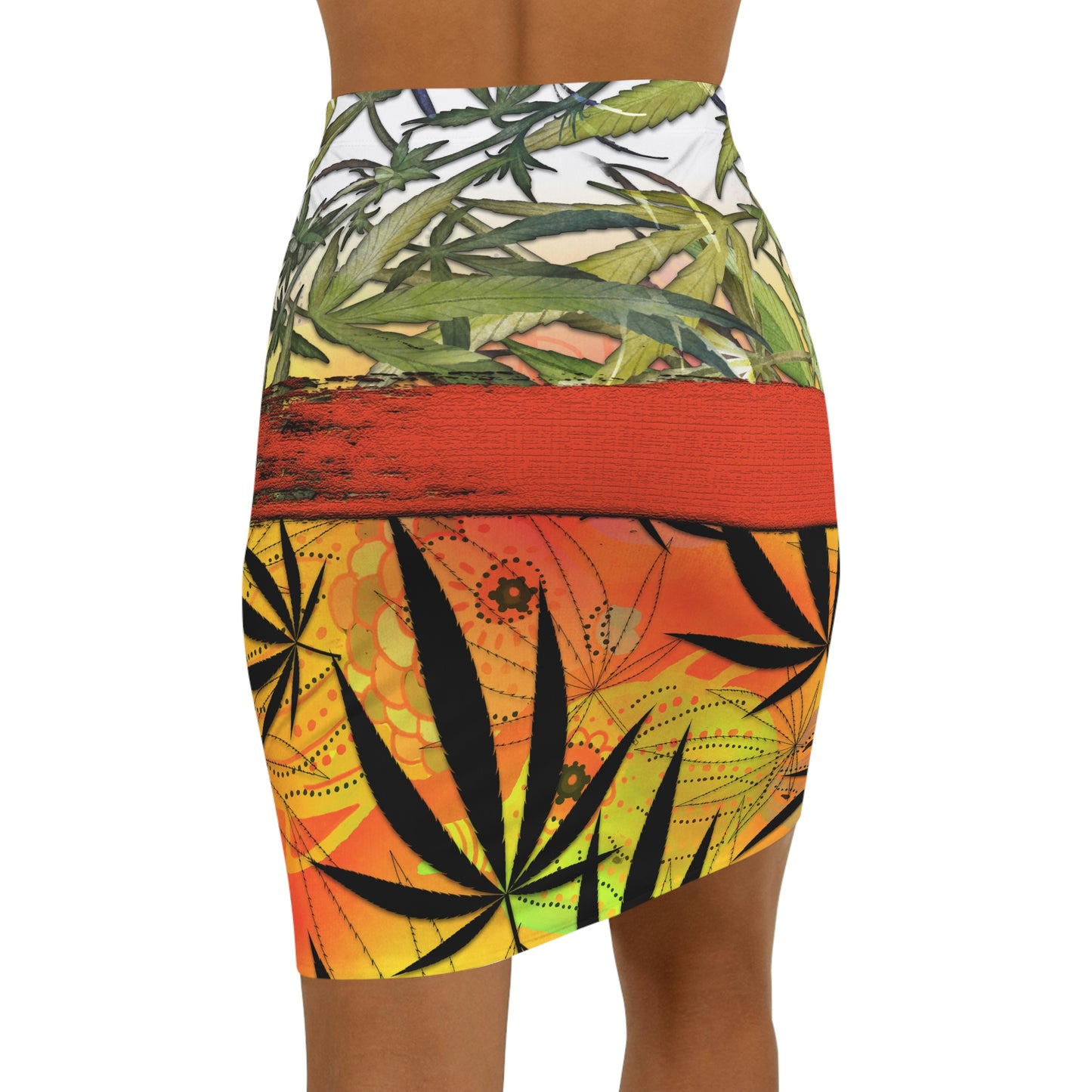 Beautiful Redish Orange Banded Marijuana 420 Pot Weed Leaf Women's Mini Skirt (AOP)