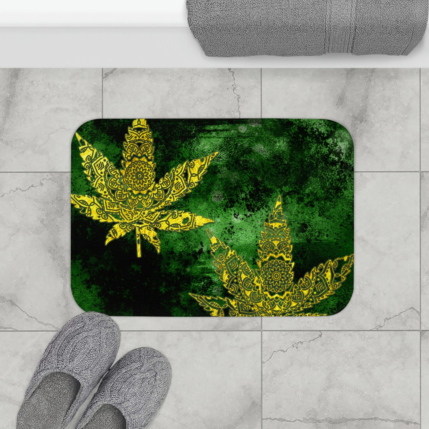 Gorgeous Designed Gold Leaf With multigreen Background Marijuana Pot Weed 420 Bathmat