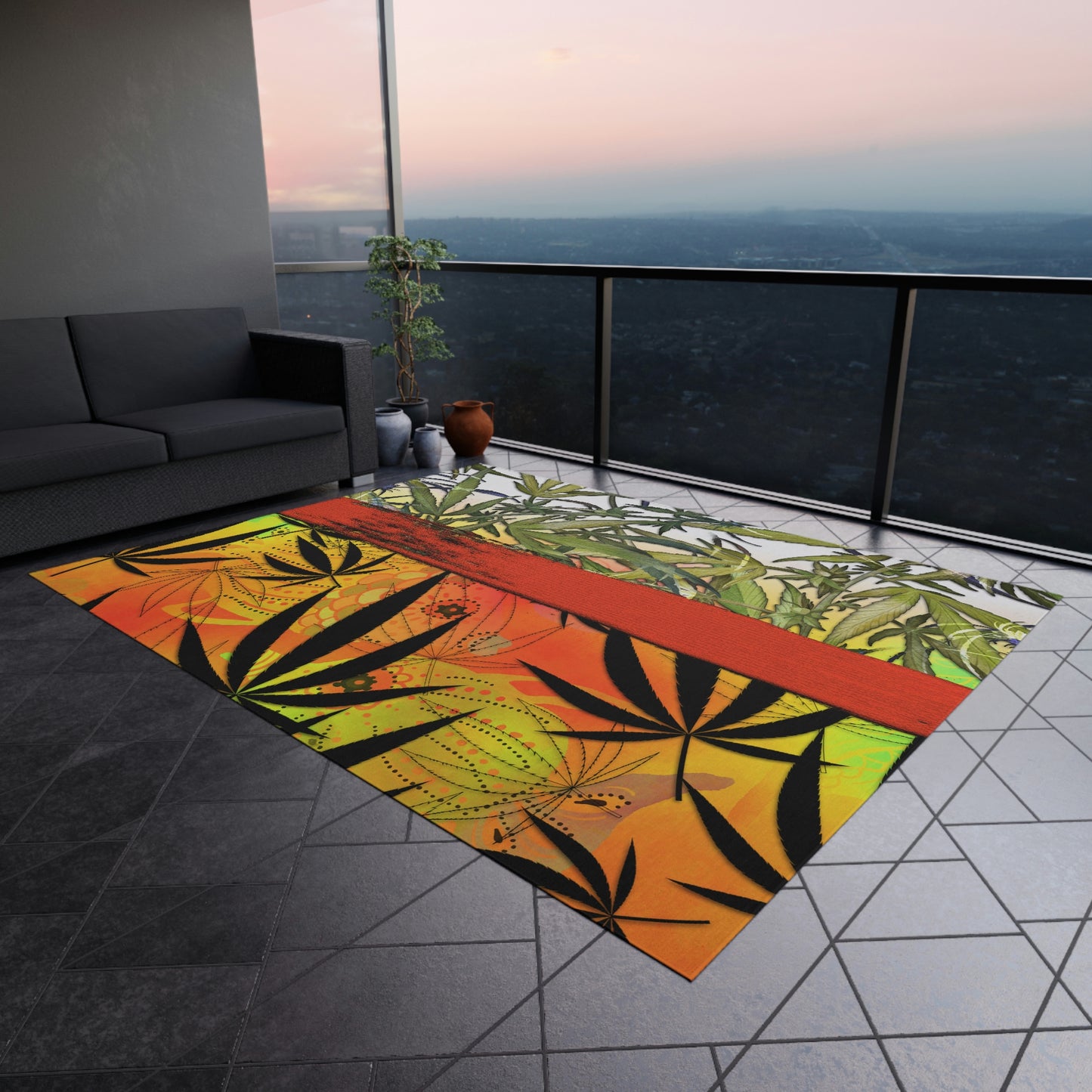 Beautiful Redish Orange Banded Marijuana 420 Pot Weed Leaf Outdoor Rug