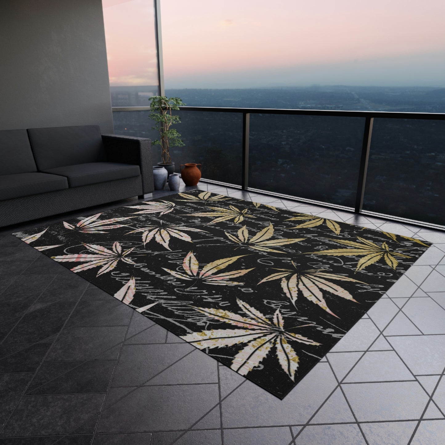 Gold And Black 420 Weed Pot Marijuana Leaf Outdoor Rug