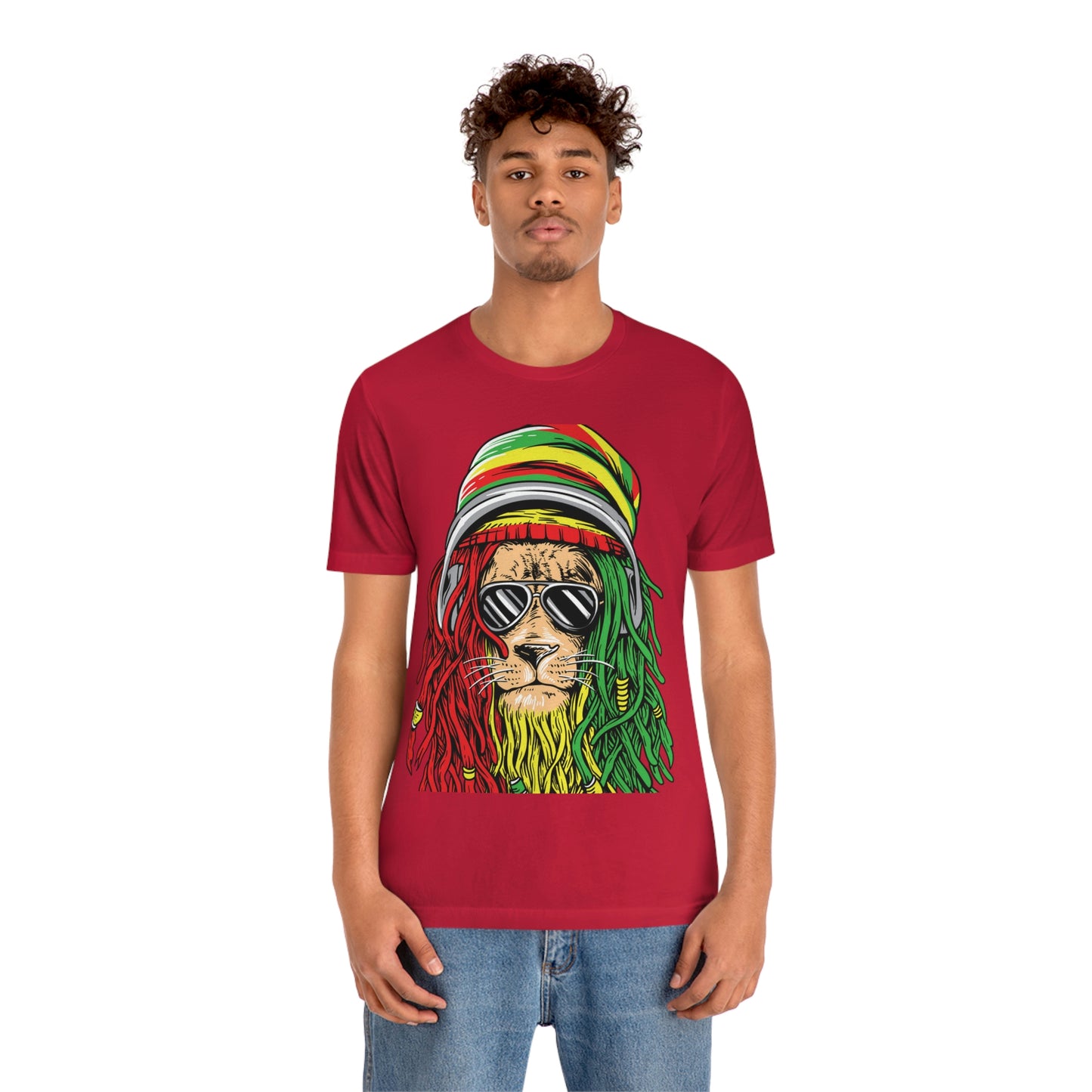 Reggae Lion With Dread locks with Hat, Unisex Jersey Short Sleeve Tee