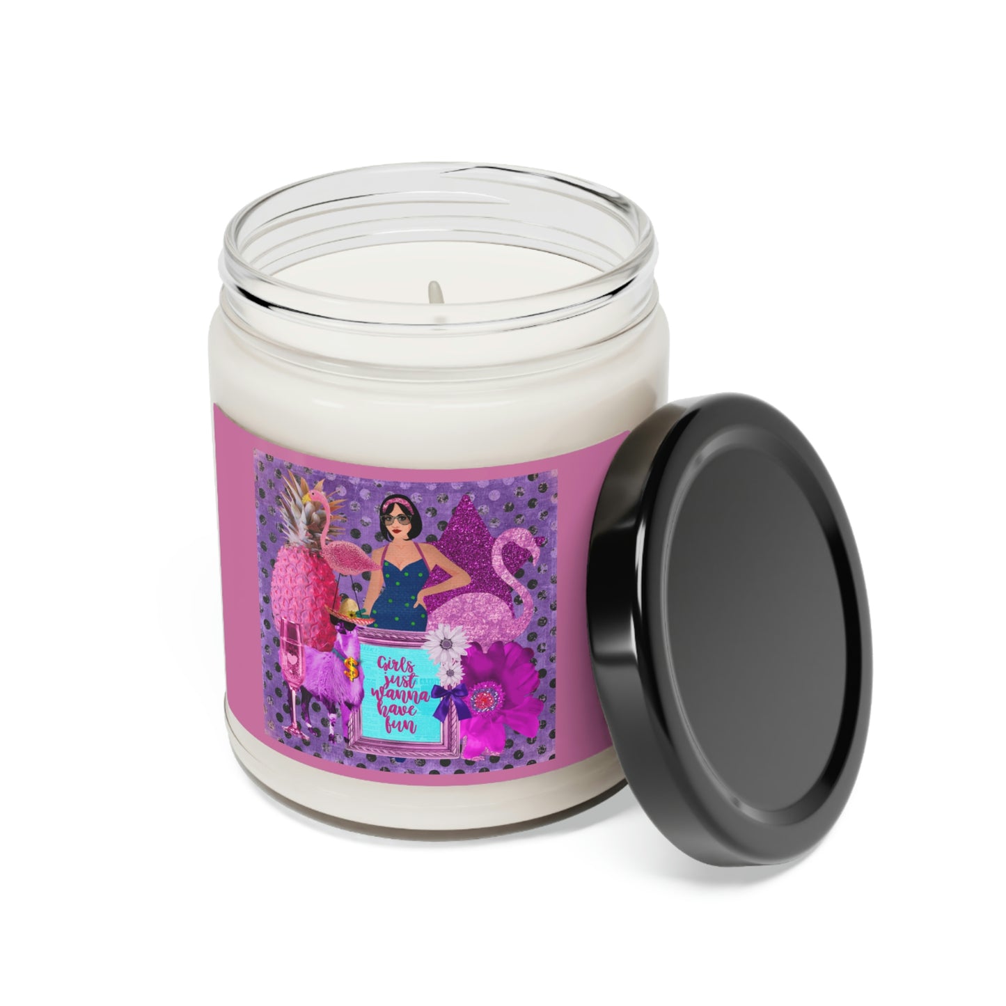 Purple And Purle, Collage flamingo Llama Pineapple Roses And More Scented Soy Candle, 9oz