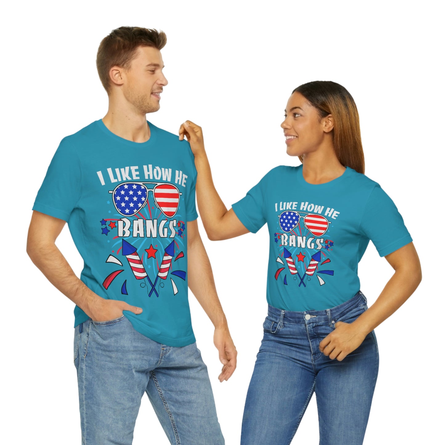 I Like How He Bangs American Flag, Fourth Of July 4th , American Flag Glasses Unisex Jersey Short Sleeve Tee