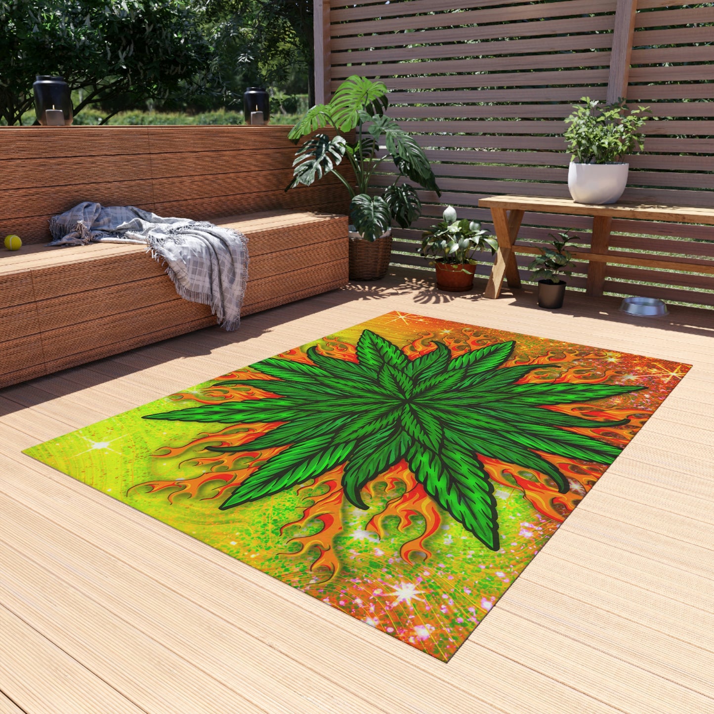 Pot Leaf Collage With Yellow Orange Background With Marijuana Pot Weed 420 Outdoor Rug