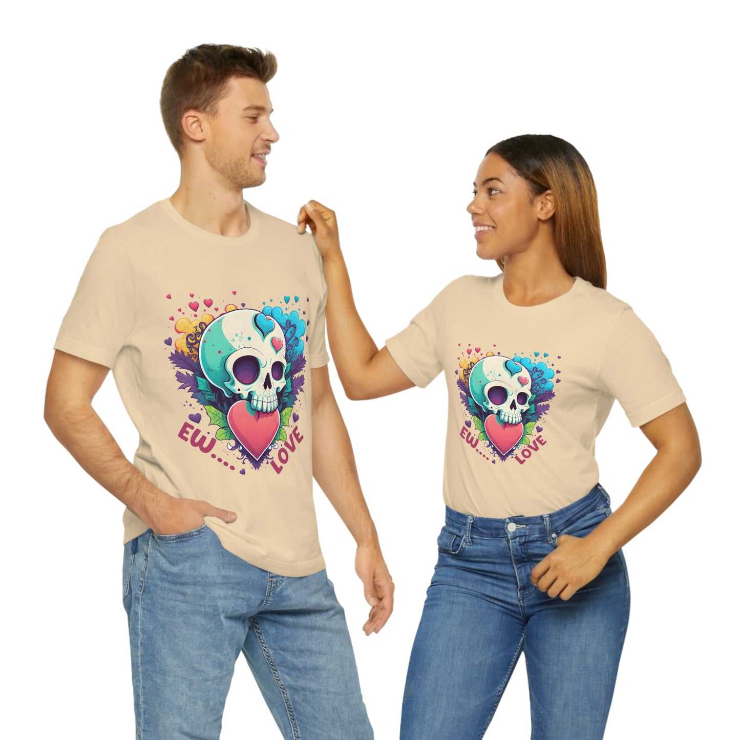 Ew Love Valentine Skull  With Pink And Blue Hearts Unisex Jersey Short Sleeve Tee