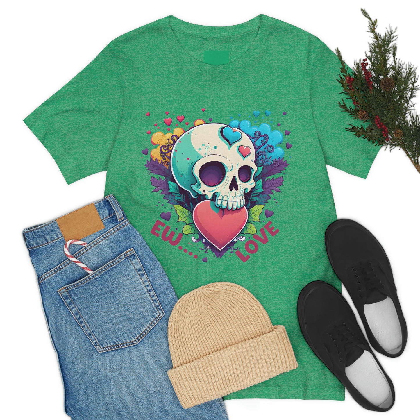 Ew Love Valentine Skull  With Pink And Blue Hearts Unisex Jersey Short Sleeve Tee