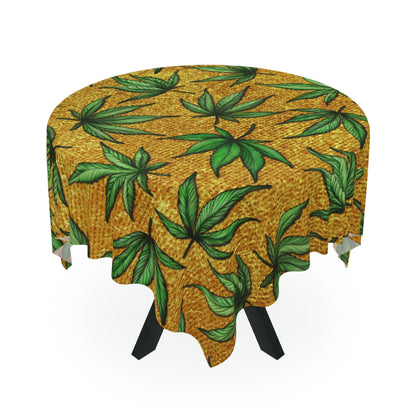 Gold And Green Marijuana Pot Weed Leaf With Gold Background 420 Tablecloth