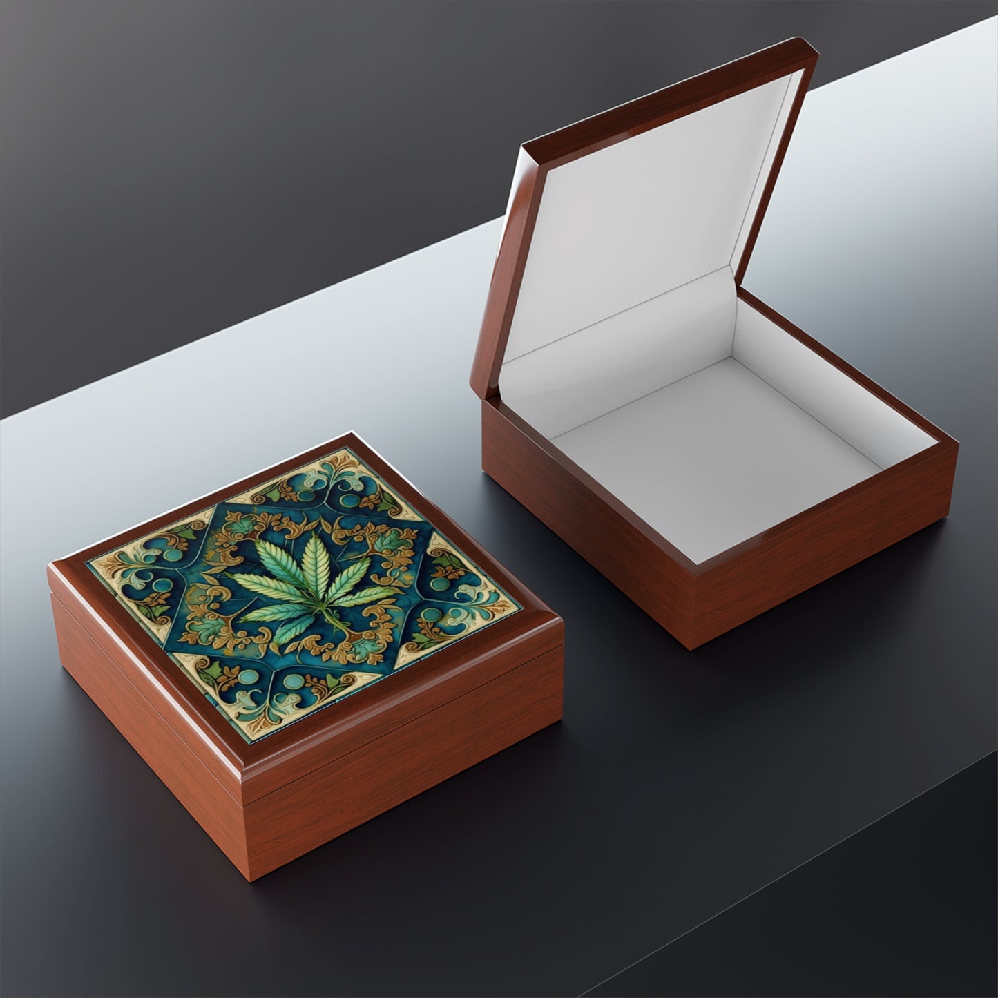 Marijuana Leaf Blue Green Collage Jewelry Box