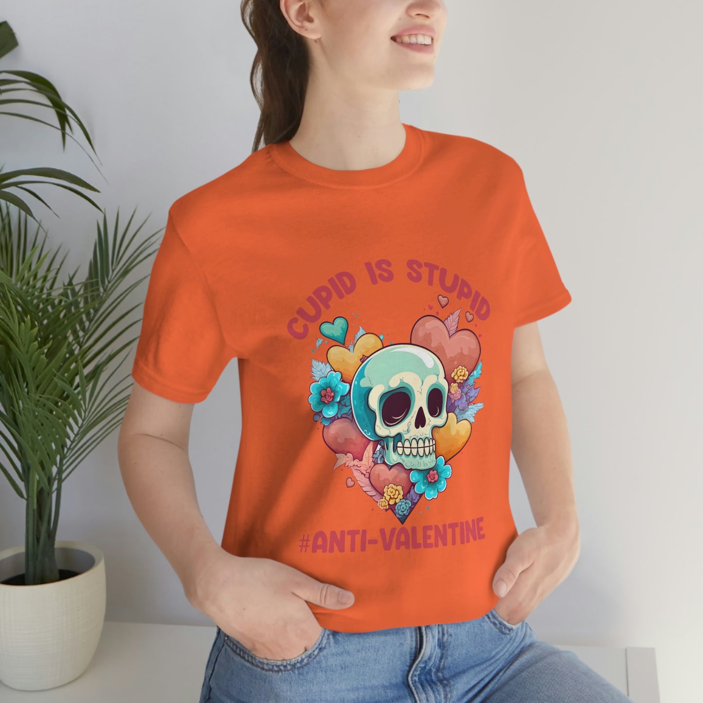 Stupid Cupid #Anti-Valentine Skull With Hearts & Flowers Unisex Jersey Short Sleeve Tee