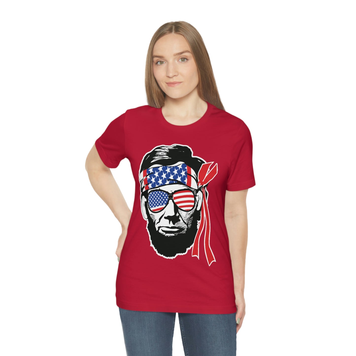 Independence Day Groovy Flag Glasses Well Known Face with Flag Bandana Unisex Jersey Short Sleeve Tee