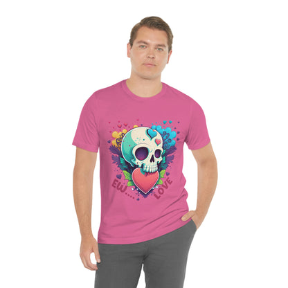 Ew Love Valentine Skull  With Pink And Blue Hearts Unisex Jersey Short Sleeve Tee