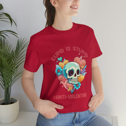 Stupid Cupid #Anti-Valentine Skull With Hearts & Flowers Unisex Jersey Short Sleeve Tee