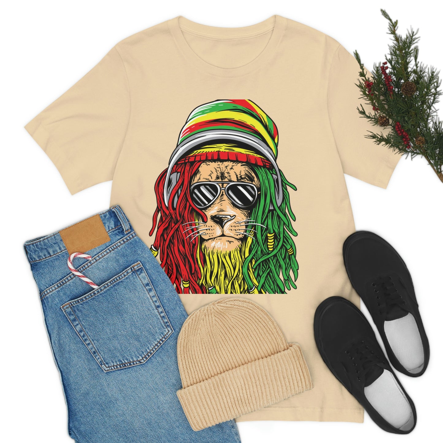 Reggae Lion With Dread locks with Hat, Unisex Jersey Short Sleeve Tee