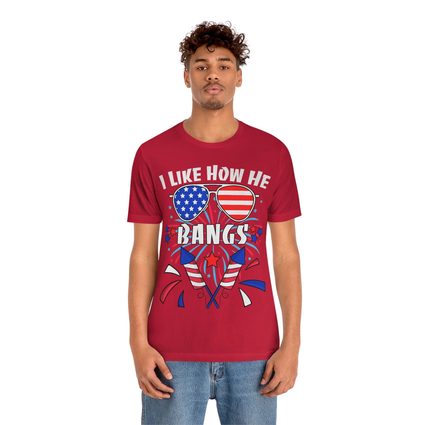 I Like How He Bangs American Flag, Fourth Of July 4th , American Flag Glasses Unisex Jersey Short Sleeve Tee