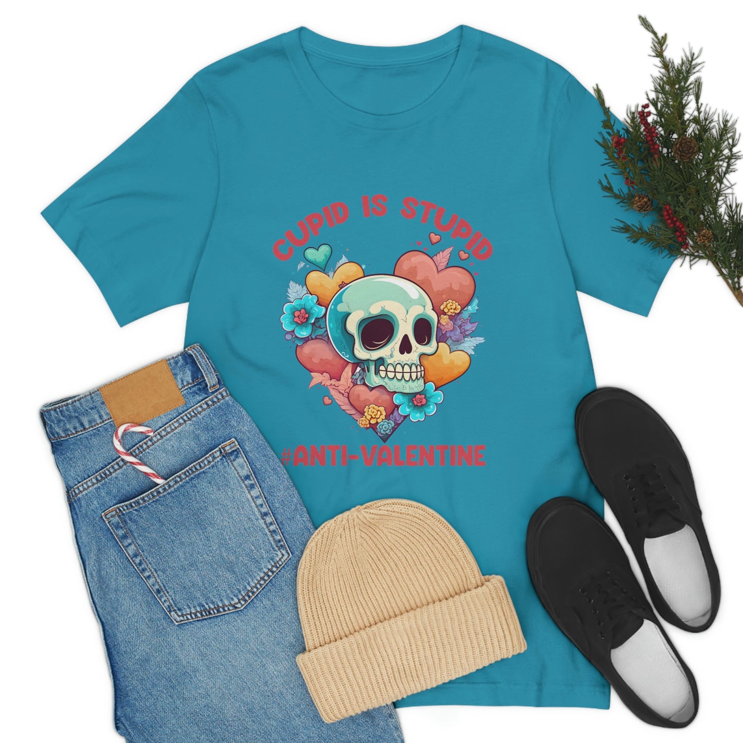 Stupid Cupid #Anti-Valentine Skull With Hearts & Flowers Unisex Jersey Short Sleeve Tee