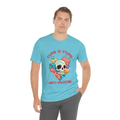 Stupid Cupid #Anti-Valentine Skull With Hearts & Flowers Unisex Jersey Short Sleeve Tee