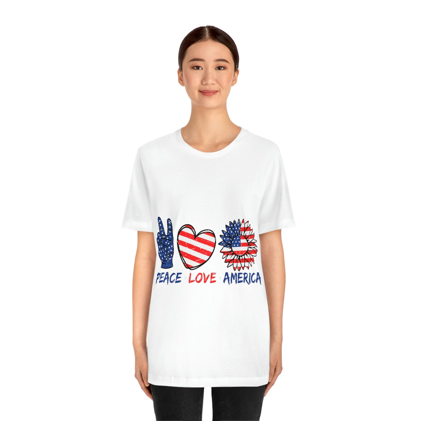 Peace Fingers , Love Heart , America Flag Design Unisex Jersey Short Sleeve Tee