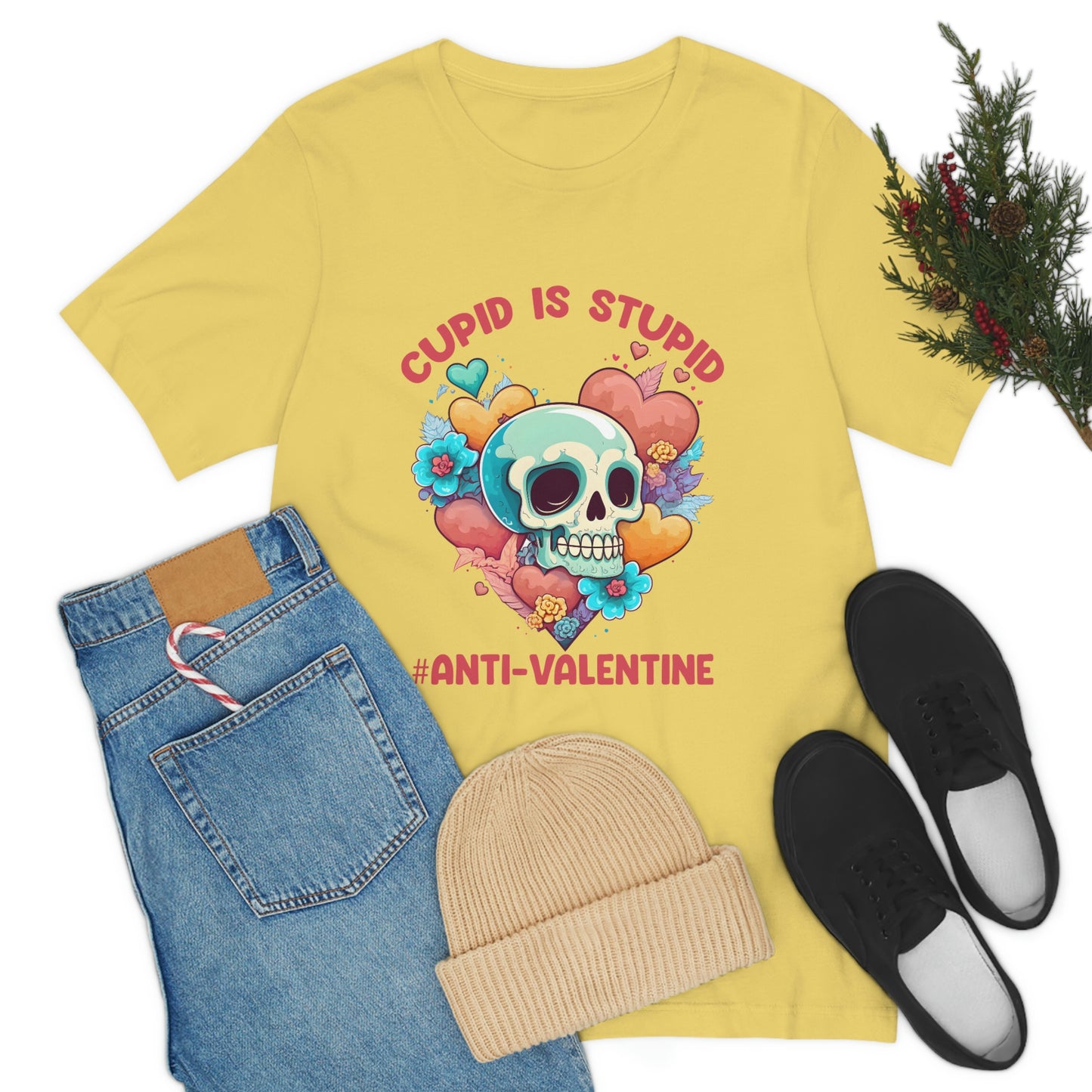 Stupid Cupid #Anti-Valentine Skull With Hearts & Flowers Unisex Jersey Short Sleeve Tee