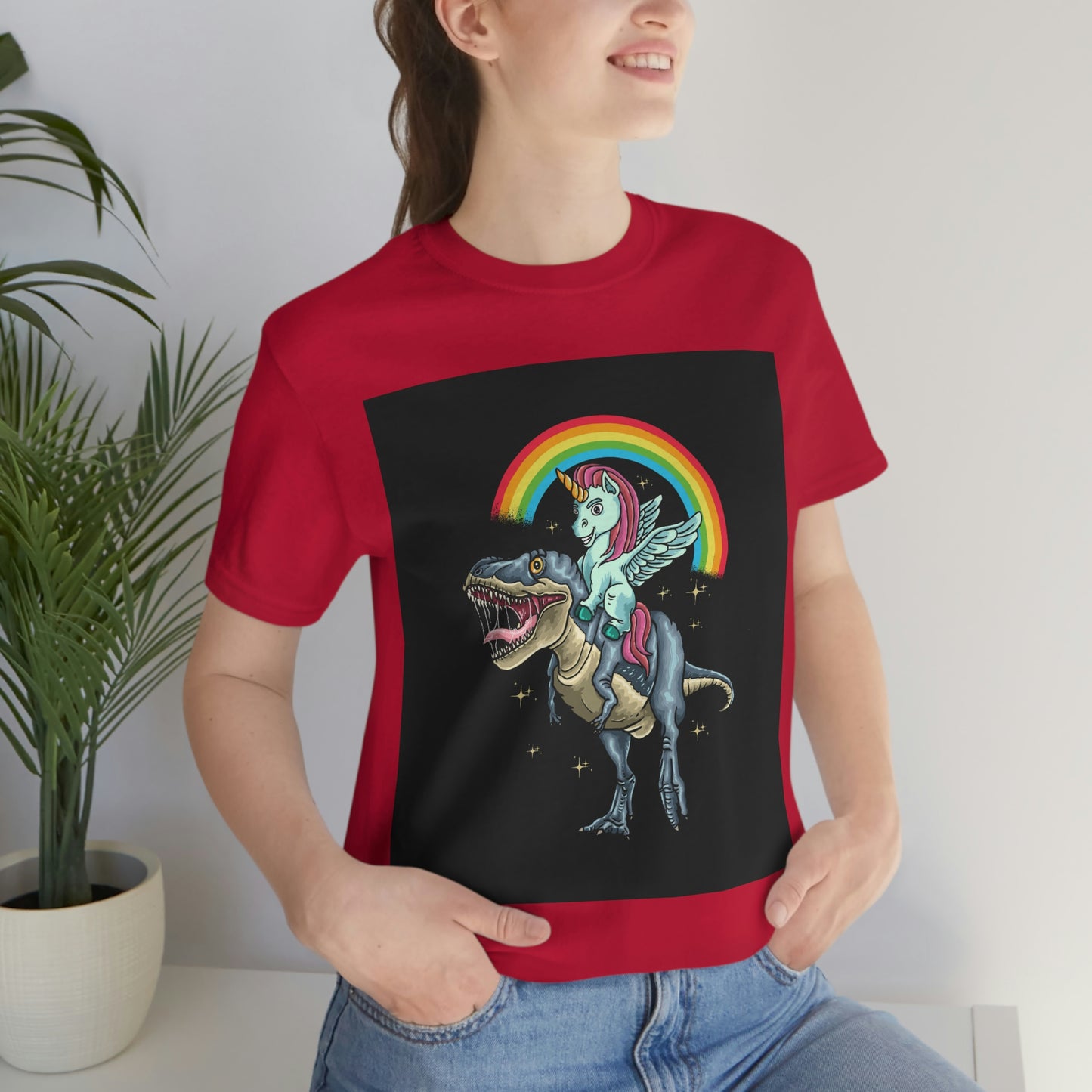 Unicorn Riding a dinosaur, Unisex Jersey Short Sleeve Tee