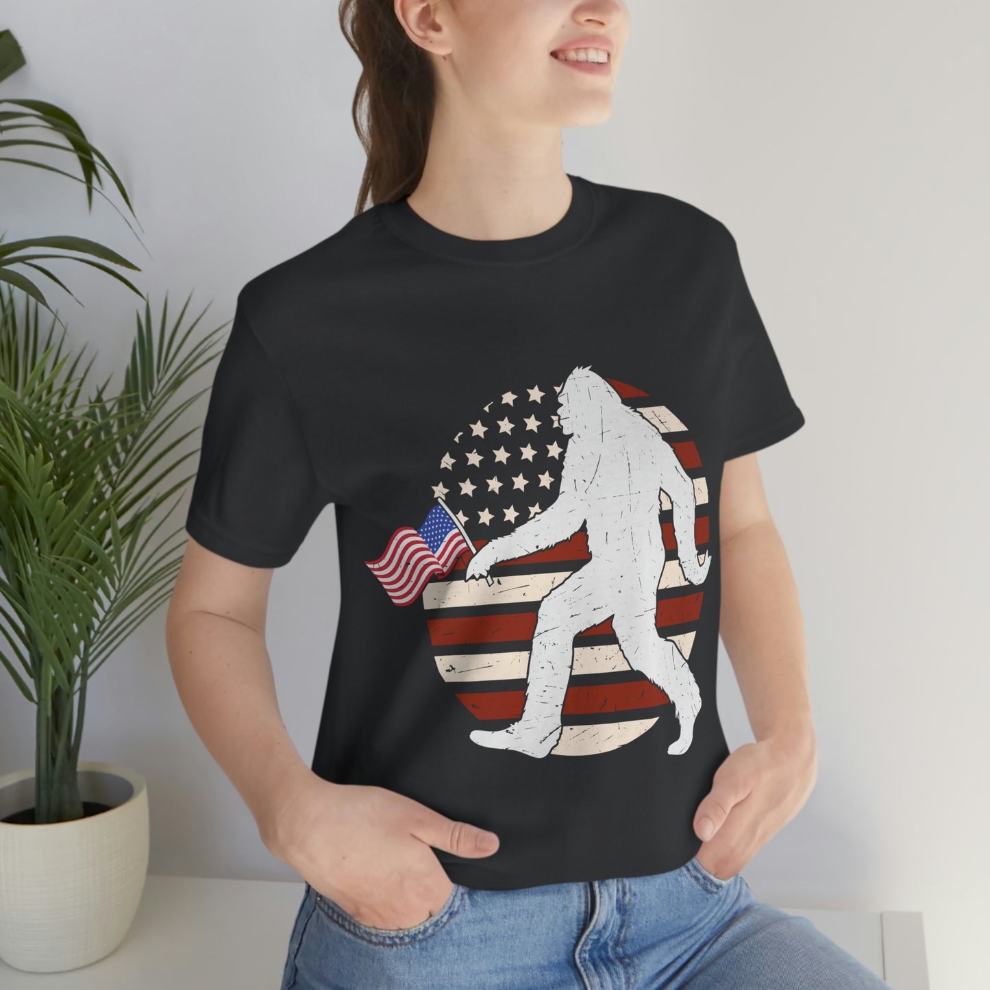 Big Foot American Flag, Fourth Of July 4th Unisex Jersey Short Sleeve Tee