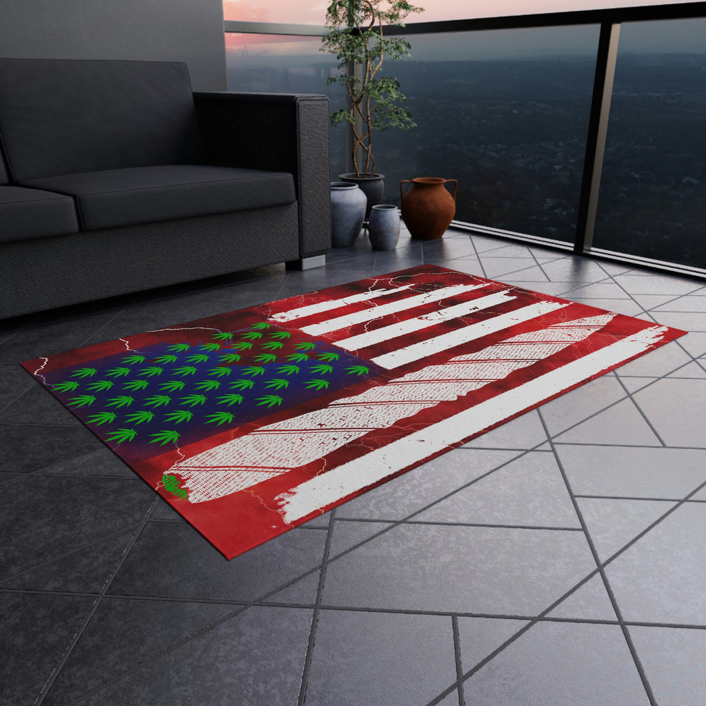 Flag Red, White And Blue Beautiful Red Background With Marijuana Pot Weed 420 Outdoor Rug