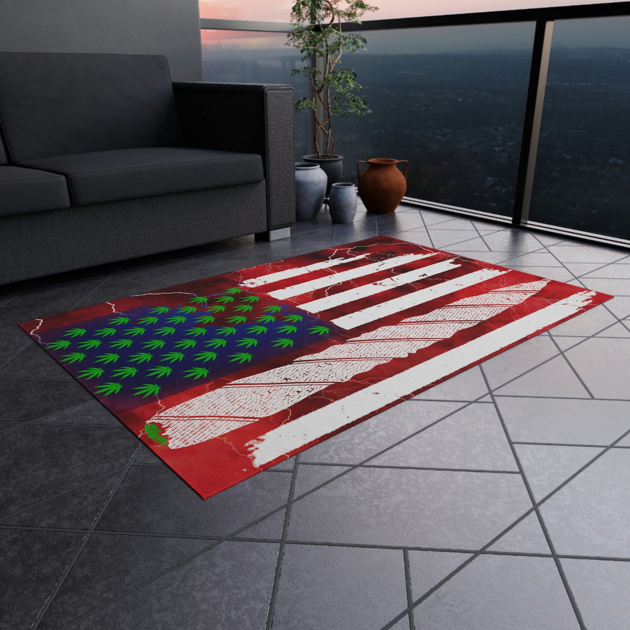 Flag Red, White And Blue Beautiful Red Background With Marijuana Pot Weed 420 Outdoor Rug