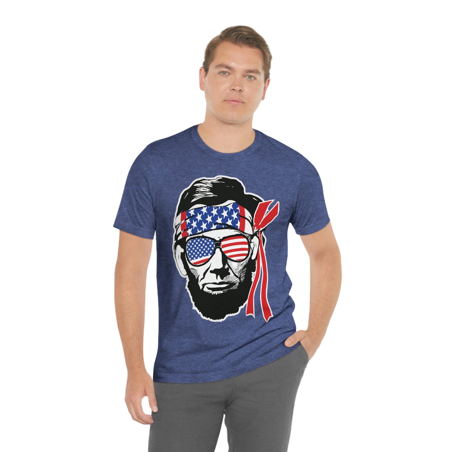 Independence Day Groovy Flag Glasses Well Known Face with Flag Bandana Unisex Jersey Short Sleeve Tee