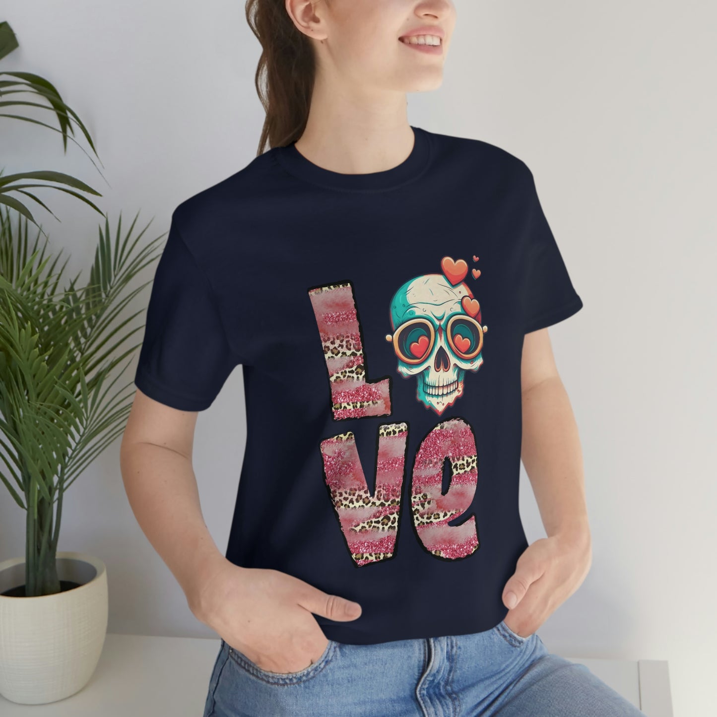 Love Valentine Skull With Red Roses Unisex Jersey Short Sleeve Tee