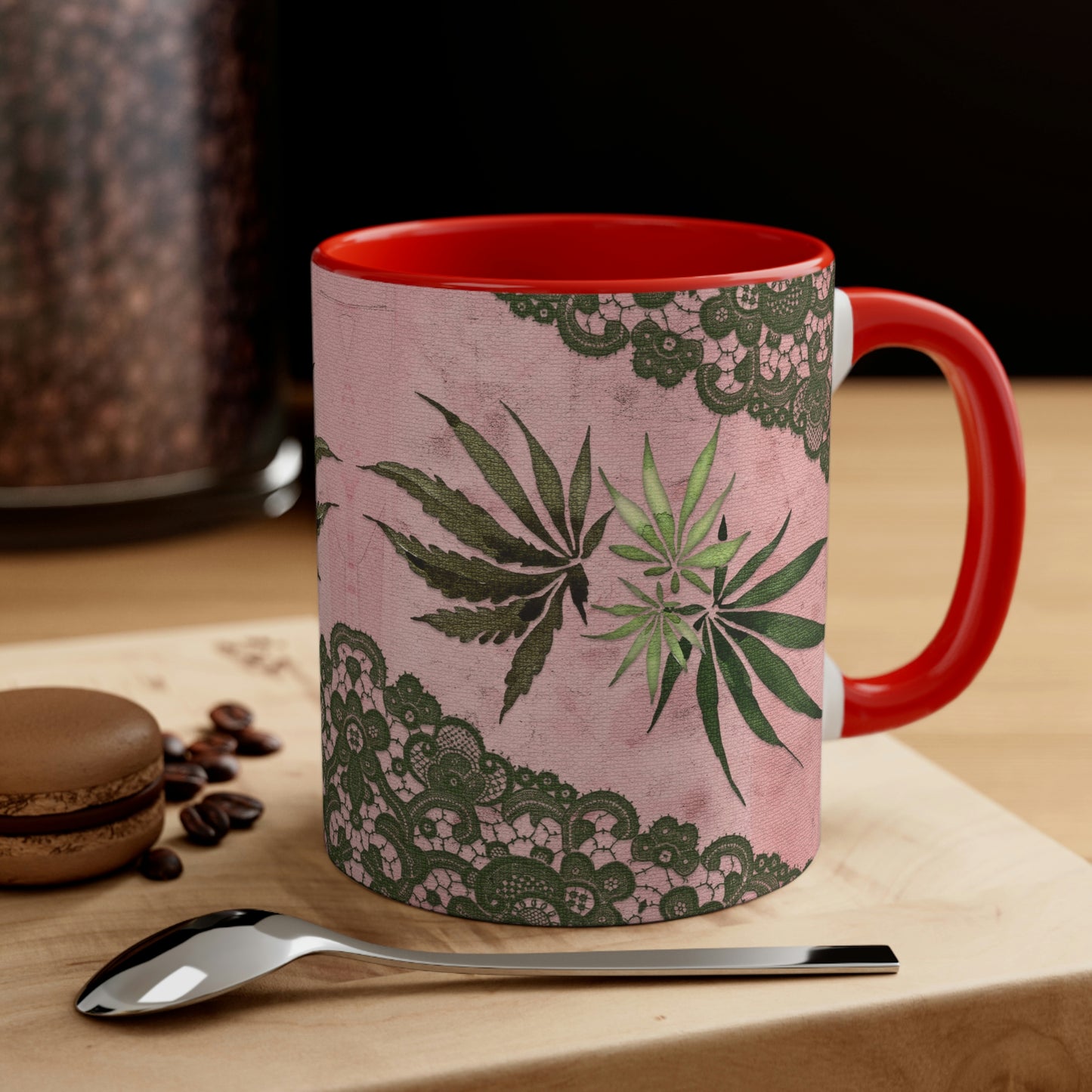 Grey Lace Gorgeous Pink Beautiful Multicolored Pot, Weed, Marijuana Leaf Accent Coffee Mug, 11oz