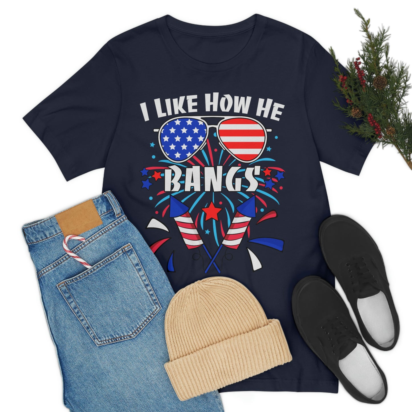 I Like How He Bangs American Flag, Fourth Of July 4th , American Flag Glasses Unisex Jersey Short Sleeve Tee